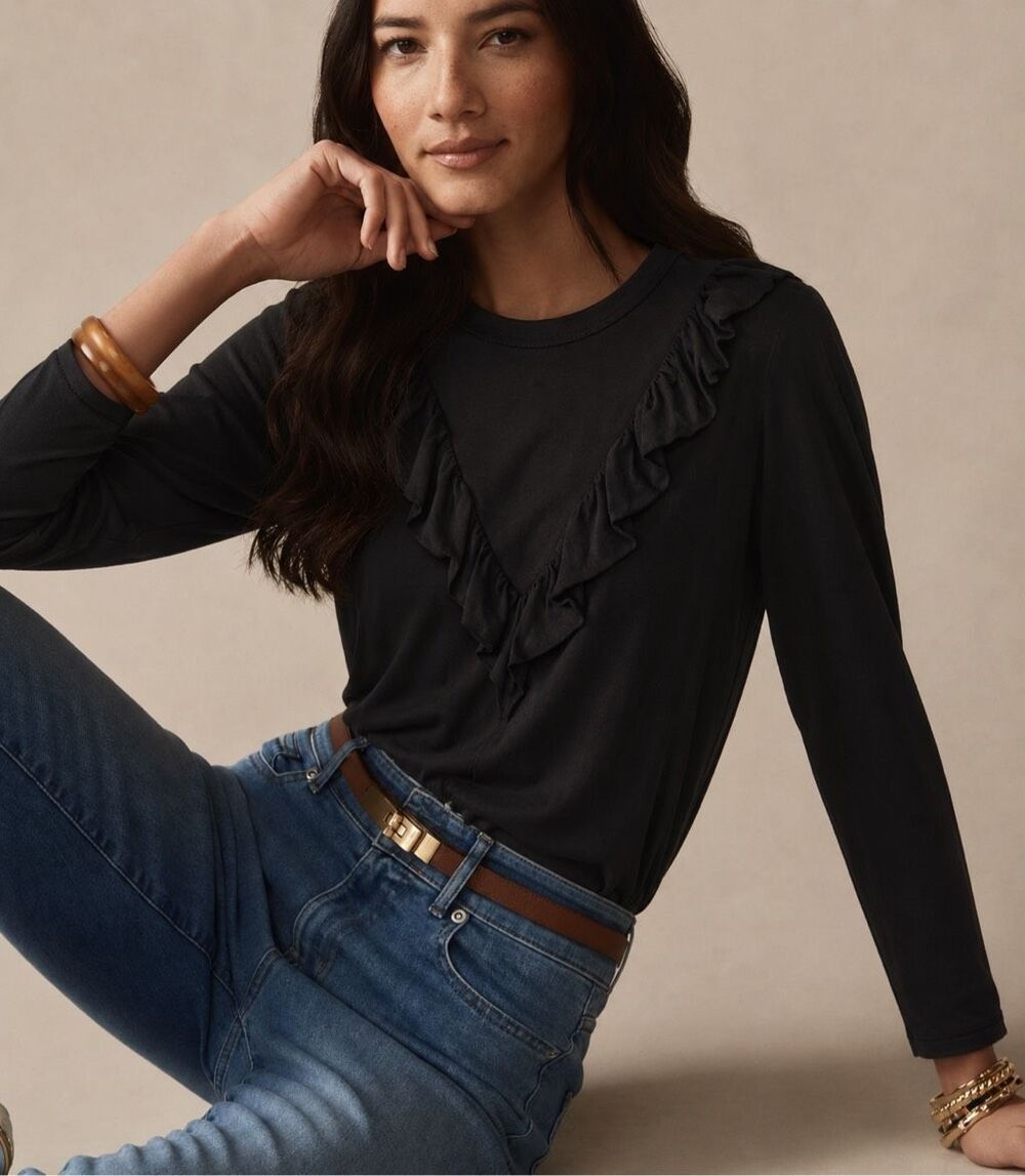 NWOT THE GREAT Tuxedo Ruffle Trim Long Sleeve Tee Sz 0/sm  $228 G39